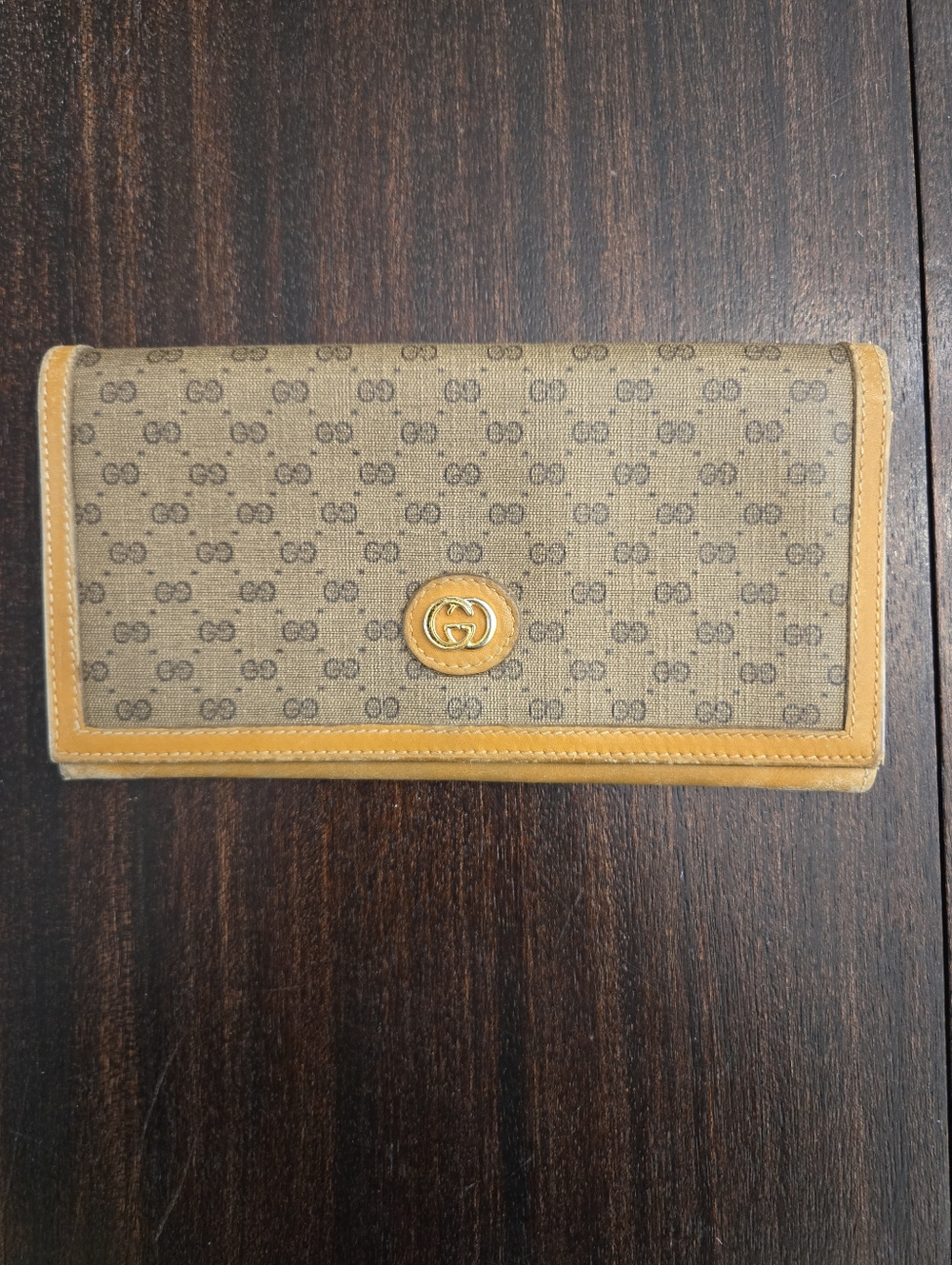 Gucci Beige Monogram Continental Wallet with Tan Trim